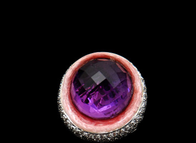 Amethyst in pink enamel surrounded by diamonds